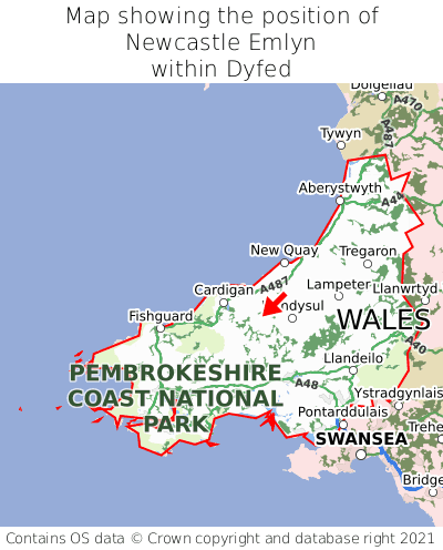 Map showing location of Newcastle Emlyn within Dyfed