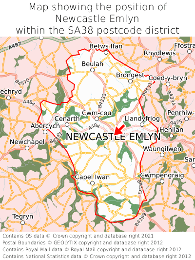 Map showing location of Newcastle Emlyn within SA38