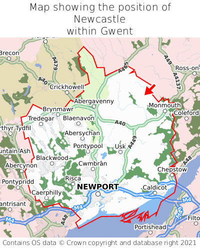 Map showing location of Newcastle within Gwent