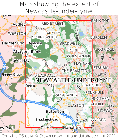Map showing extent of Newcastle-under-Lyme as bounding box