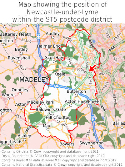 Map showing location of Newcastle-under-Lyme within ST5