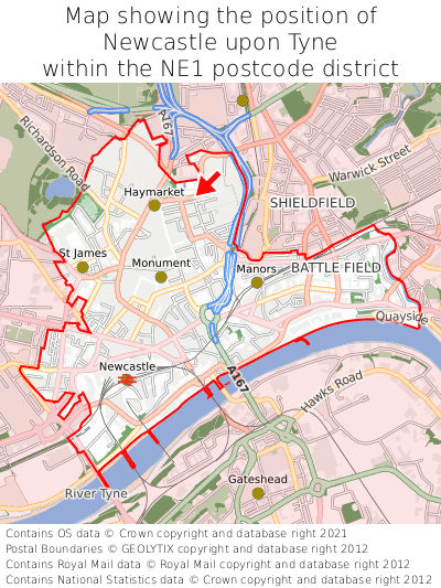 Map showing location of Newcastle upon Tyne within NE1