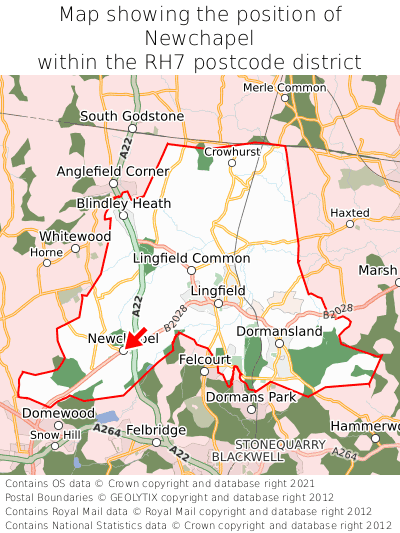 Map showing location of Newchapel within RH7