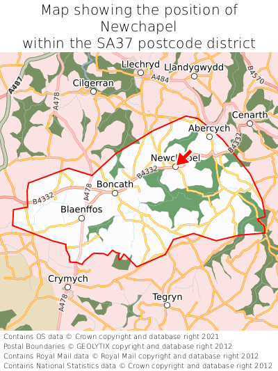 Map showing location of Newchapel within SA37