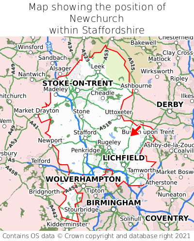 Map showing location of Newchurch within Staffordshire
