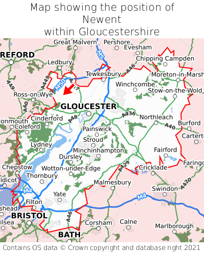 Map showing location of Newent within Gloucestershire