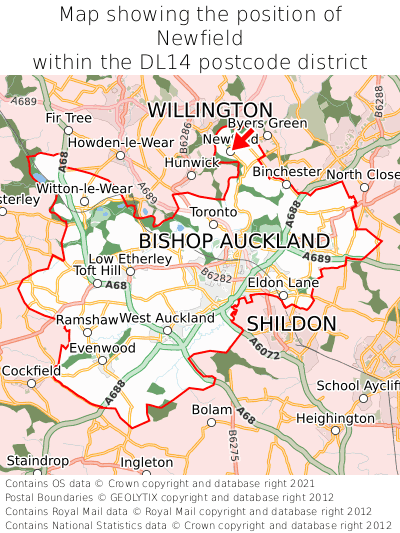 Map showing location of Newfield within DL14