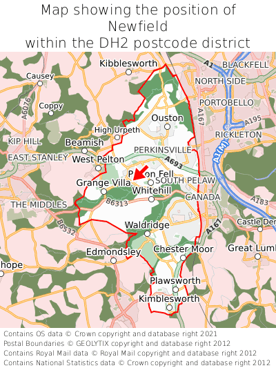 Map showing location of Newfield within DH2