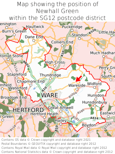 Map showing location of Newhall Green within SG12