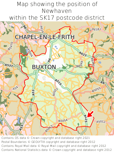 Map showing location of Newhaven within SK17