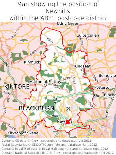 Map showing location of Newhills within AB21