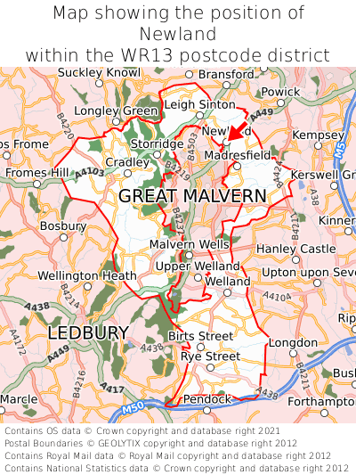 Map showing location of Newland within WR13