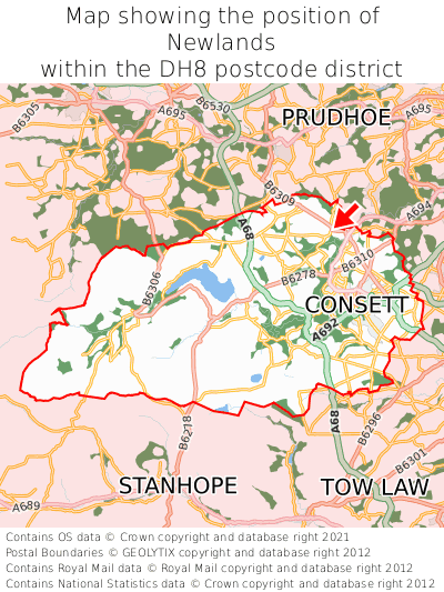 Map showing location of Newlands within DH8