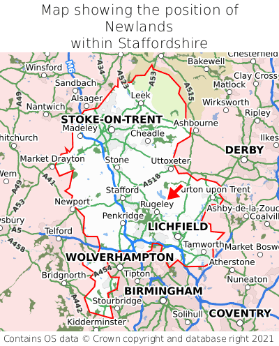 Map showing location of Newlands within Staffordshire