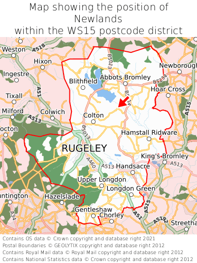 Map showing location of Newlands within WS15