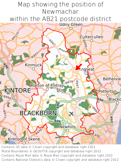 Map showing location of Newmachar within AB21