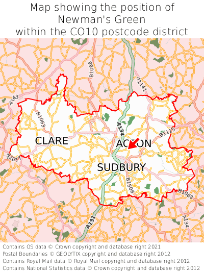 Map showing location of Newman's Green within CO10