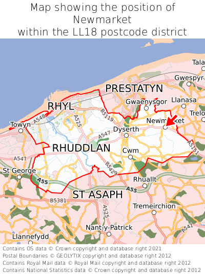 Map showing location of Newmarket within LL18