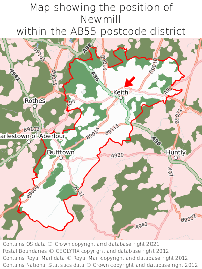 Map showing location of Newmill within AB55