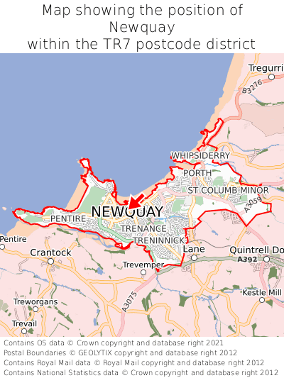 Map showing location of Newquay within TR7