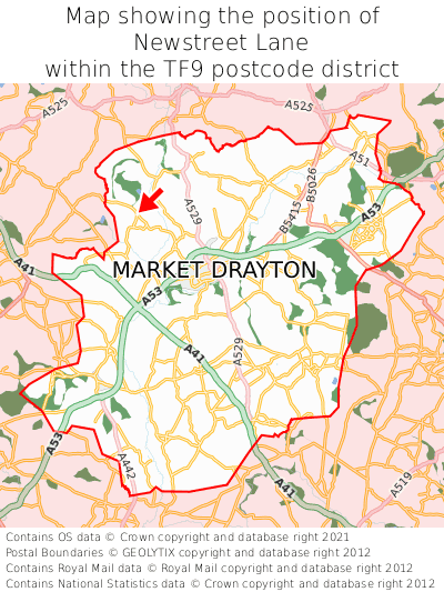 Map showing location of Newstreet Lane within TF9