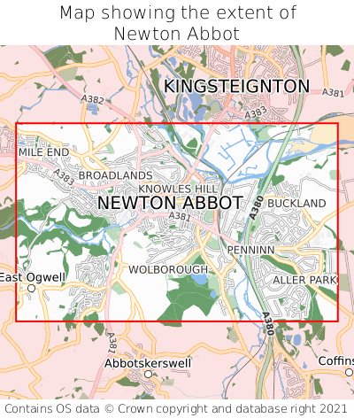 Map showing extent of Newton Abbot as bounding box