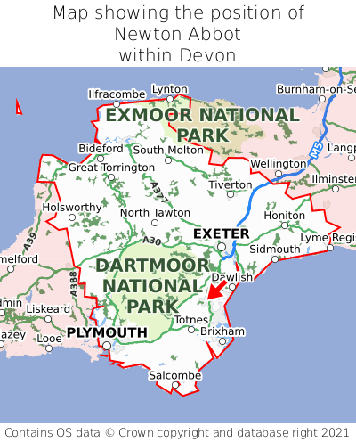 Map showing location of Newton Abbot within Devon