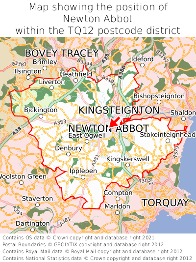 Map showing location of Newton Abbot within TQ12