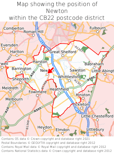 Map showing location of Newton within CB22