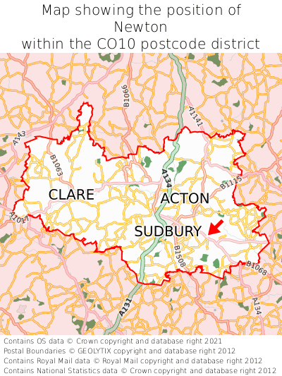 Map showing location of Newton within CO10