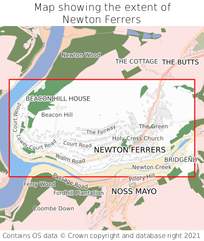 Map showing extent of Newton Ferrers as bounding box