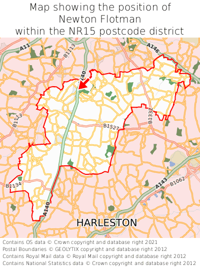 Map showing location of Newton Flotman within NR15