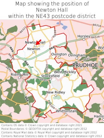 Map showing location of Newton Hall within NE43