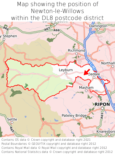 Map showing location of Newton-le-Willows within DL8