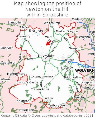Map showing location of Newton on the Hill within Shropshire