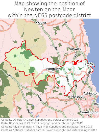 Map showing location of Newton on the Moor within NE65