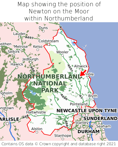 Map showing location of Newton on the Moor within Northumberland
