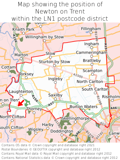 Map showing location of Newton on Trent within LN1