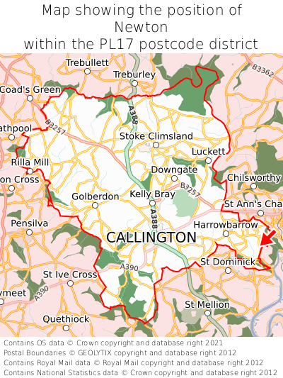 Map showing location of Newton within PL17