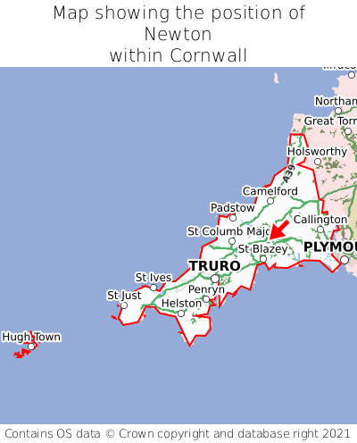 Map showing location of Newton within Cornwall