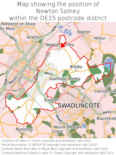Map showing location of Newton Solney within DE15