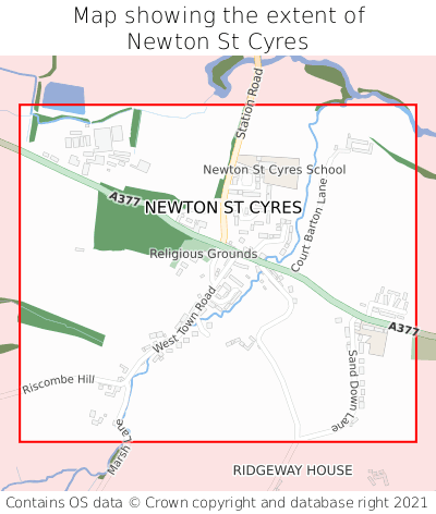 Map showing extent of Newton St Cyres as bounding box