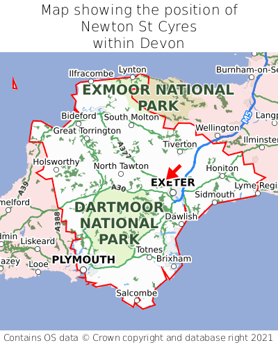 Map showing location of Newton St Cyres within Devon