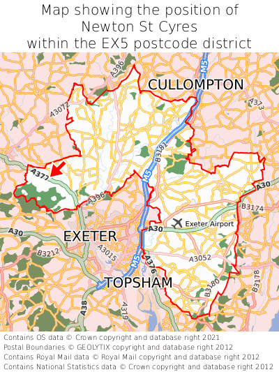 Map showing location of Newton St Cyres within EX5