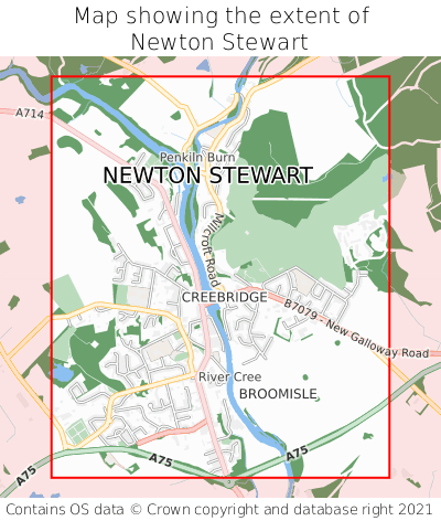 Map showing extent of Newton Stewart as bounding box