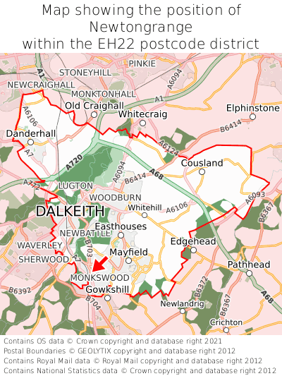 Map showing location of Newtongrange within EH22