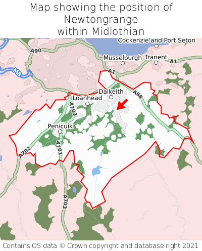 Map showing location of Newtongrange within Midlothian