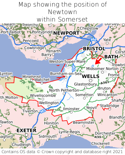 Map showing location of Newtown within Somerset