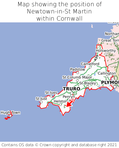 Map showing location of Newtown-in-St Martin within Cornwall