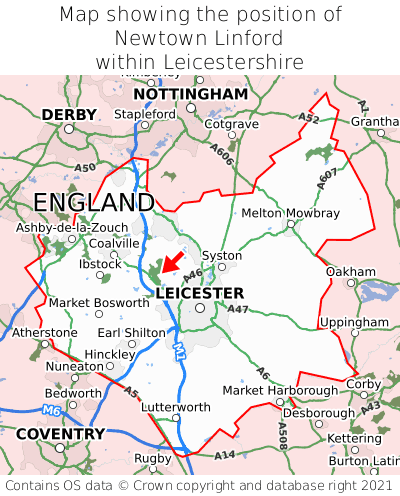 Map showing location of Newtown Linford within Leicestershire